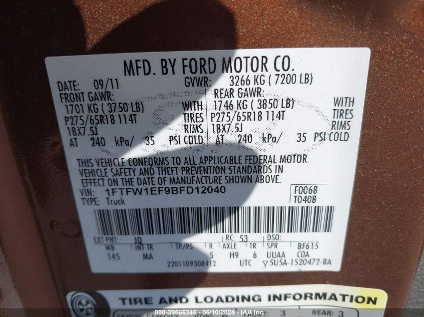 2011 Ford F-150 Xlt VIN: 1FTFW1EF9BFD12040 Lot: 39566346