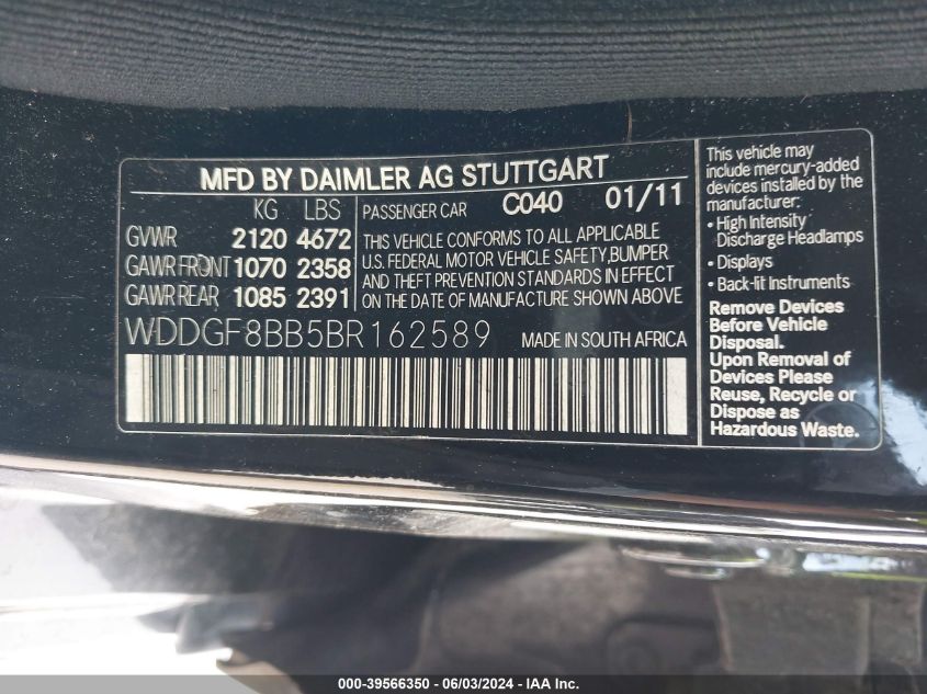 2011 Mercedes-Benz C 300 Luxury 4Matic/Sport 4Matic VIN: WDDGF8BB5BR162589 Lot: 39566350