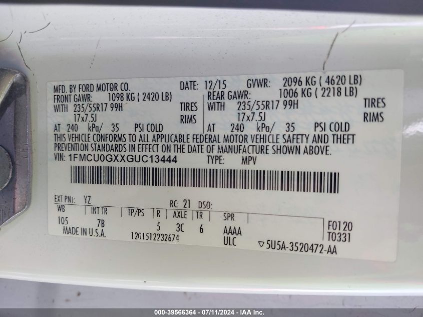 1FMCU0GXXGUC13444 2016 Ford Escape Se