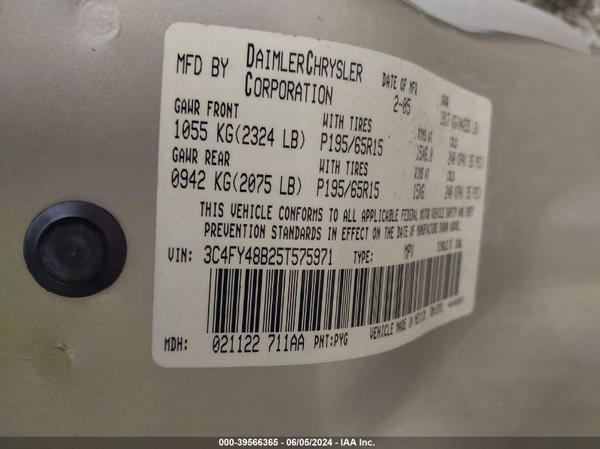 2005 Chrysler Pt Cruiser VIN: 3C4FY48B25T575971 Lot: 39566365