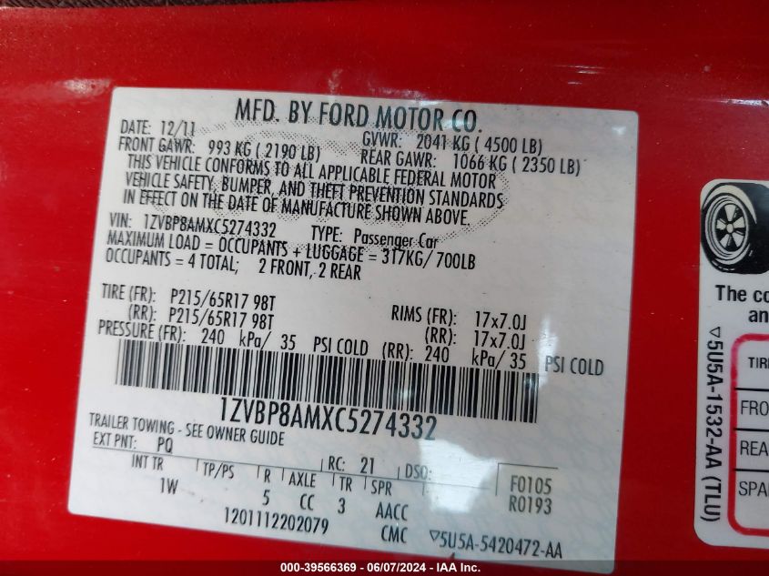 2012 Ford Mustang V6 VIN: 1ZVBP8AMXC5274332 Lot: 39566369