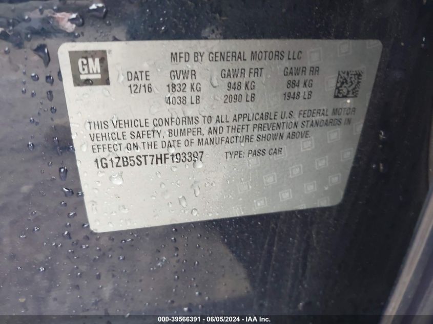 2017 Chevrolet Malibu Ls VIN: 1G1ZB5ST7HF193397 Lot: 39566391