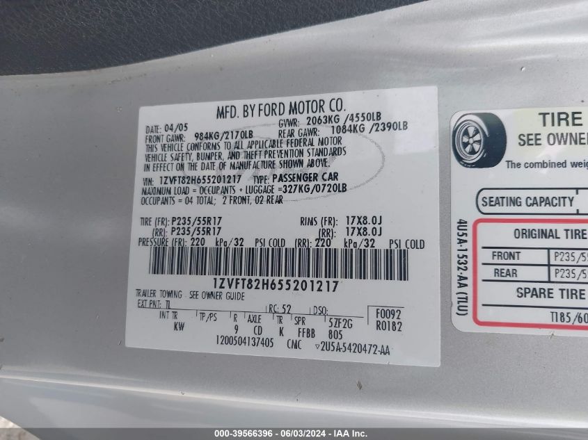2005 Ford Mustang Gt Deluxe/Gt Premium VIN: 1ZVFT82H655201217 Lot: 39566396