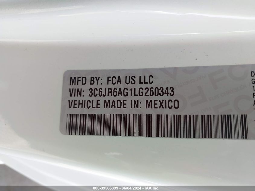 2020 Ram 1500 Classic Tradesman Regular Cab 4X2 6'4 Box VIN: 3C6JR6AG1LG260343 Lot: 39566399