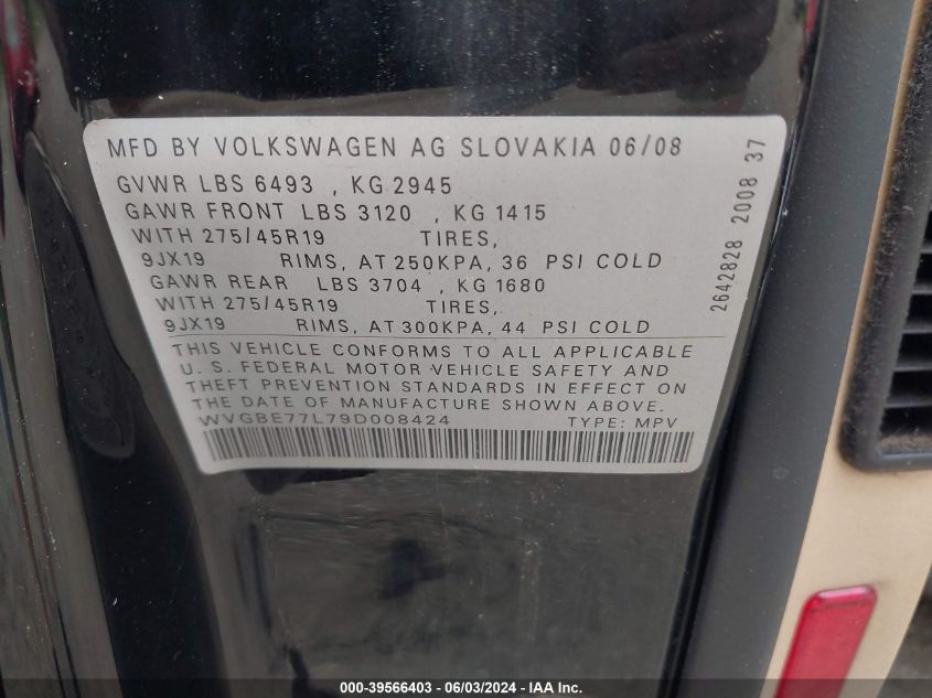 2009 Volkswagen Touareg 2 Vr6 Fsi VIN: WVGBE77L79D008424 Lot: 39566403