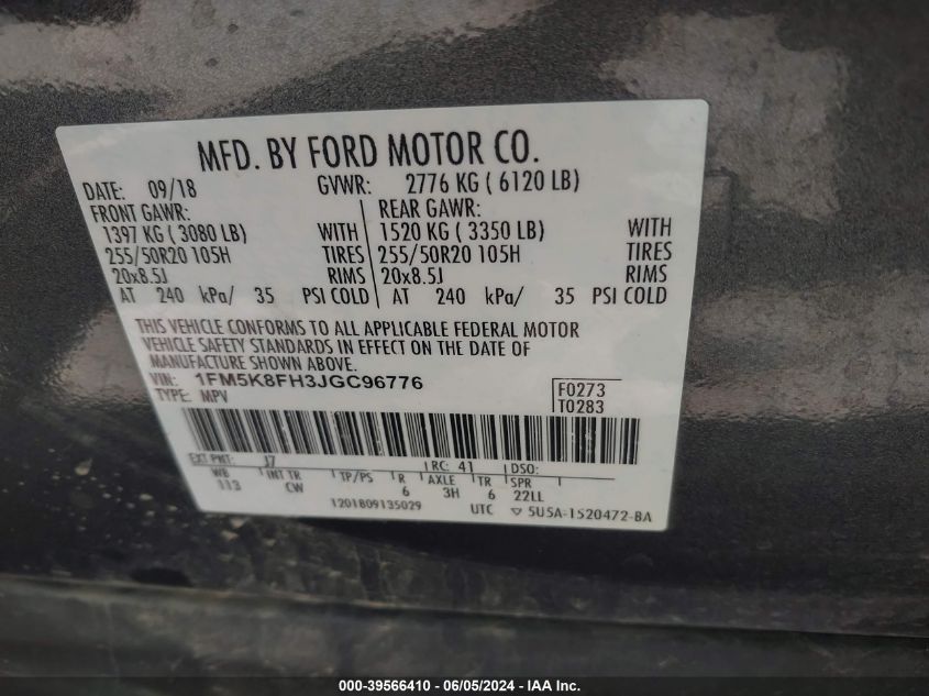 2018 Ford Explorer Limited VIN: 1FM5K8FH3JGC96776 Lot: 39566410