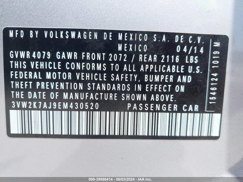 2014 Volkswagen Jetta 2.0L S VIN: 3VW2K7AJ9EM430520 Lot: 39566414