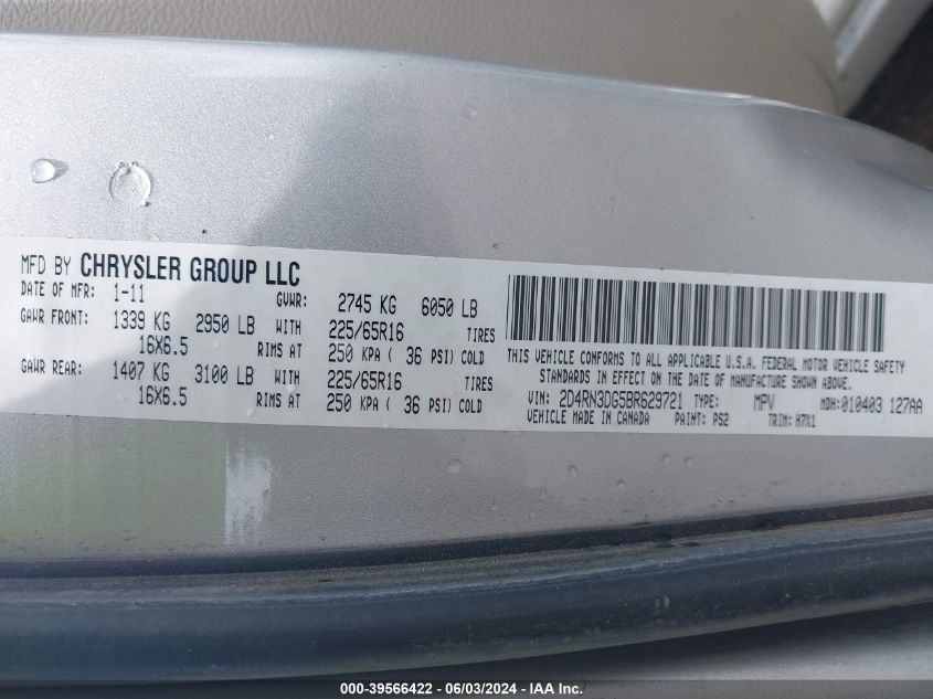 2011 Dodge Grand Caravan Mainstreet VIN: 2D4RN3DG5BR629721 Lot: 39566422