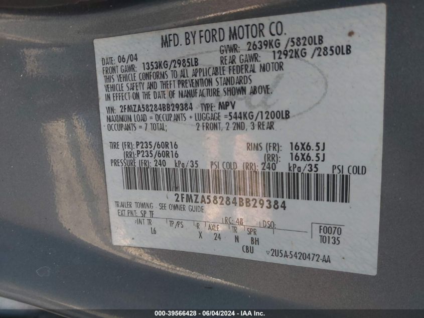 2004 Ford Freestar Limited VIN: 2FMZA58284BB29384 Lot: 39566428