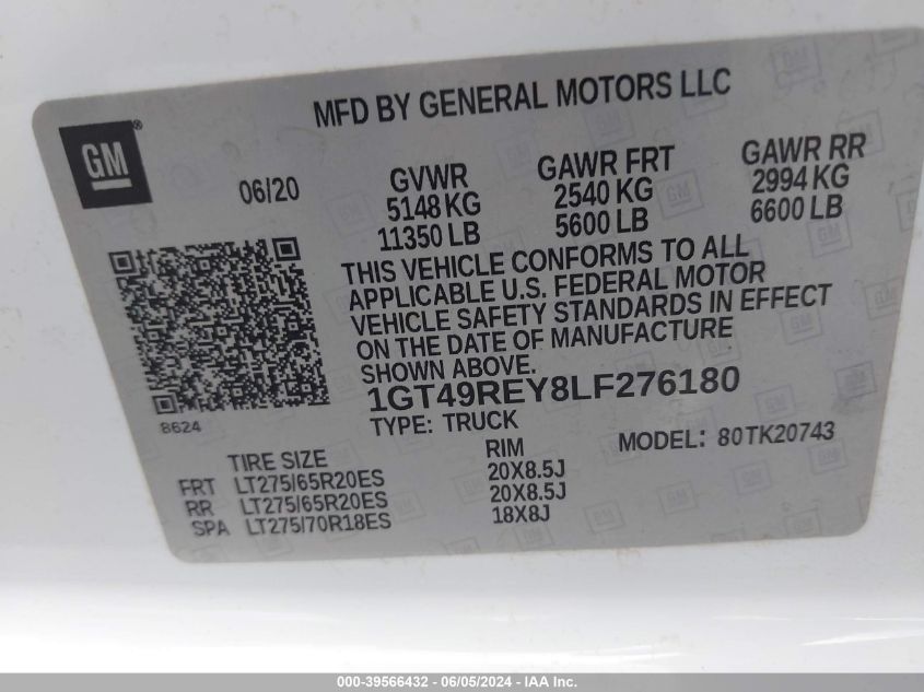 2020 GMC Sierra 2500Hd 4Wd Standard Bed Denali VIN: 1GT49REY8LF276180 Lot: 39566432