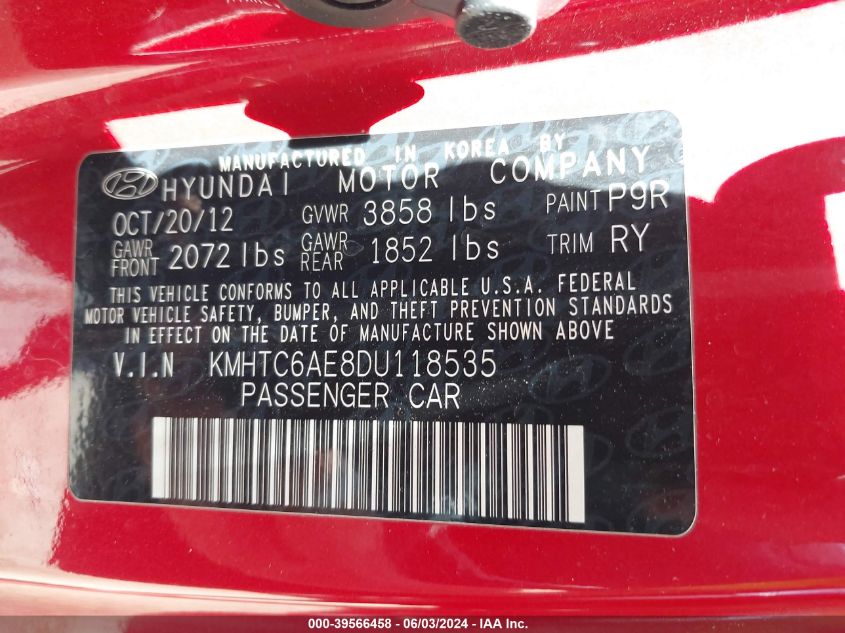 2013 HYUNDAI VELOSTER TURBO W/BLACK - KMHTC6AE8DU118535