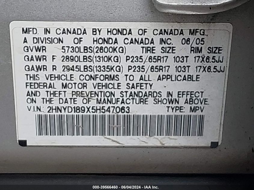 2005 Acura Mdx VIN: 2HNYD189X5H547063 Lot: 39566460