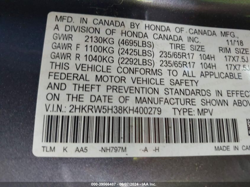 2019 Honda Cr-V Lx VIN: 2HKRW5H38KH400279 Lot: 39566487