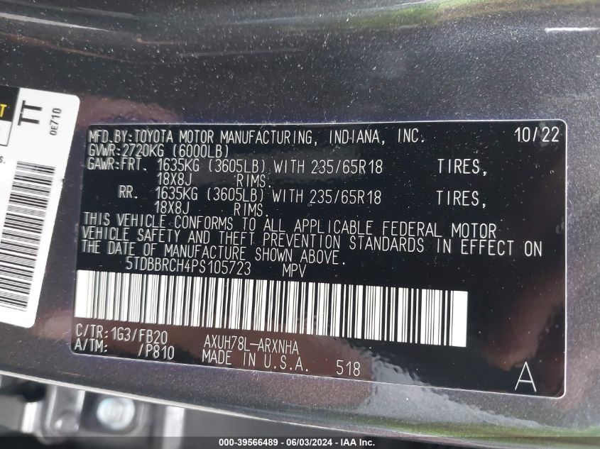 2023 Toyota Highlander Hybrid Le VIN: 5TDBBRCH4PS105723 Lot: 39566489