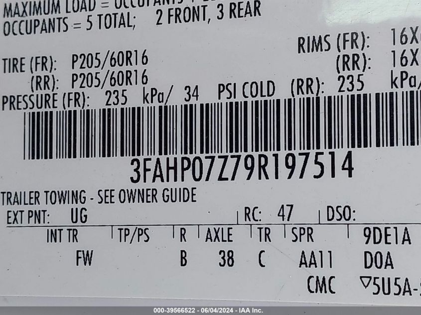 2009 Ford Fusion Se VIN: 3FAHP07Z79R197514 Lot: 39566522