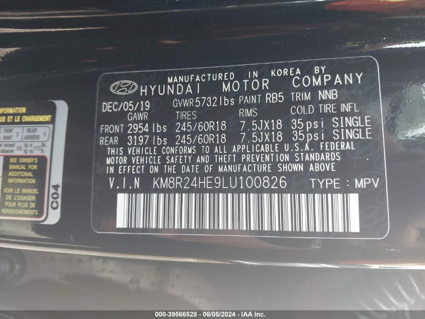 2020 Hyundai Palisade Sel VIN: KM8R24HE9LU100826 Lot: 39566528