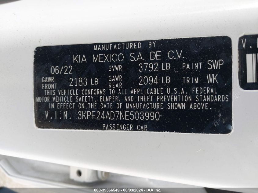 2022 Kia Forte Lxs VIN: 3KPF24AD7NE503990 Lot: 39566549