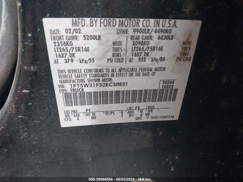 2002 Ford F-350 VIN: 1FTSW31F52EC30831 Lot: 39566554