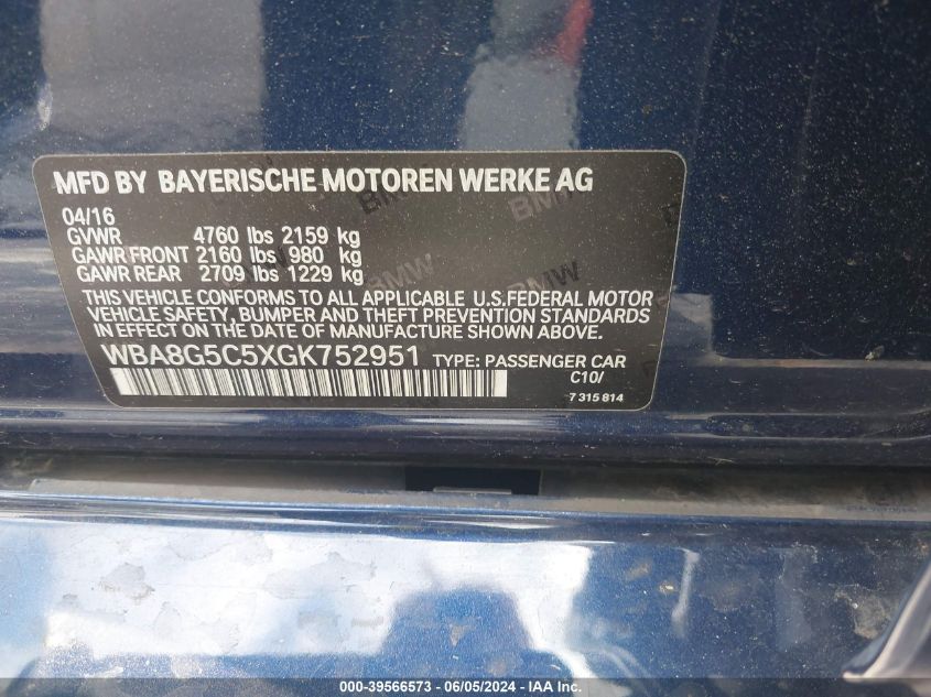 2016 BMW 328I xDrive VIN: WBA8G5C5XGK752951 Lot: 39566573