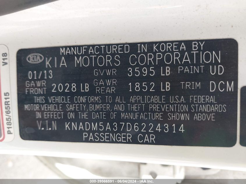 2013 Kia Rio Lx VIN: KNADM5A37D6224314 Lot: 39566591