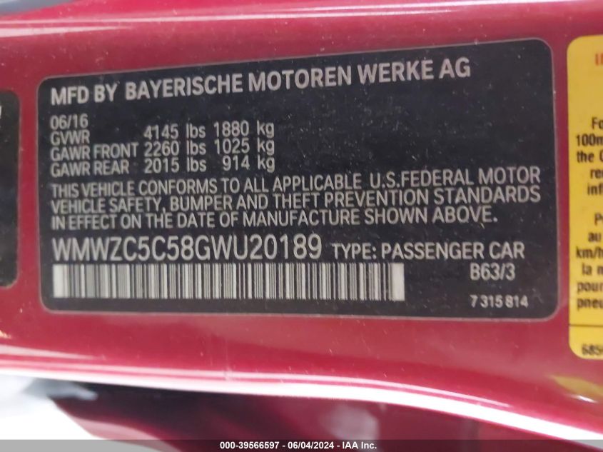 2016 Mini Countryman Cooper S VIN: WMWZC5C58GWU20189 Lot: 39566597