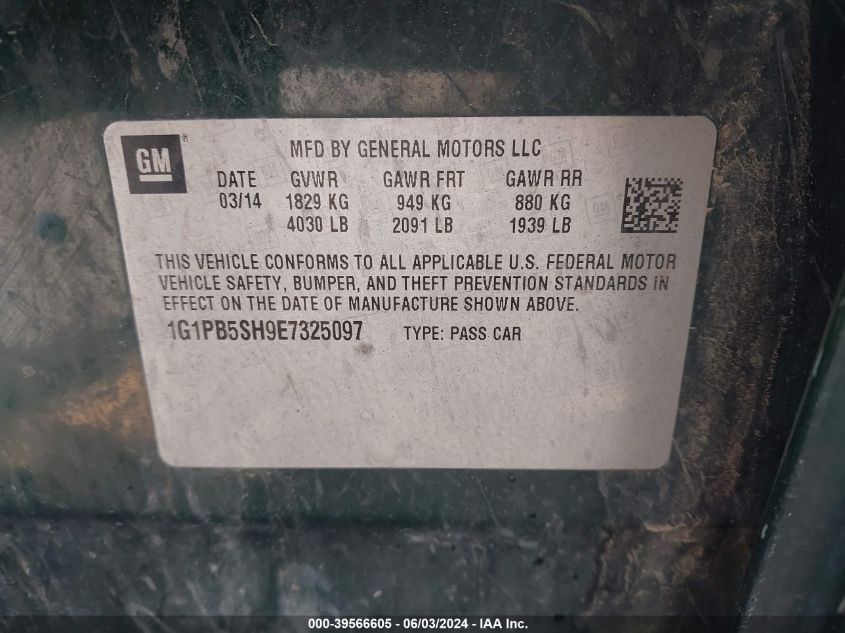 2014 Chevrolet Cruze Ls Manual VIN: 1G1PB5SH9E7325097 Lot: 39566605
