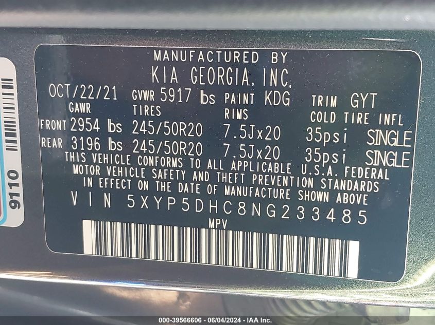 2022 Kia Telluride Sx VIN: 5XYP5DHC8NG233485 Lot: 39566606