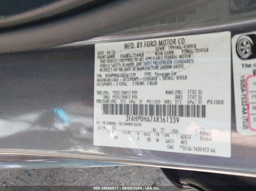 2010 Ford Fusion Se VIN: 3FAHP0HA7AR361339 Lot: 39566611