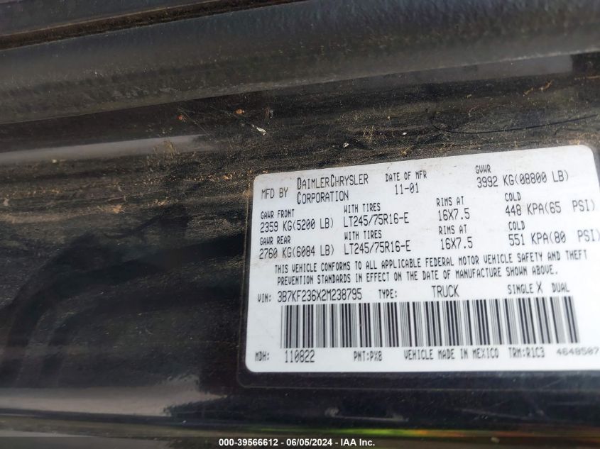2002 Dodge Ram 2500 St VIN: 3B7KF236X2M238795 Lot: 39566612