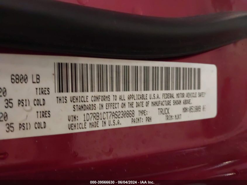 2010 Dodge Ram 1500 Slt/Sport/Trx VIN: 1D7RB1CT7AS230868 Lot: 39566630