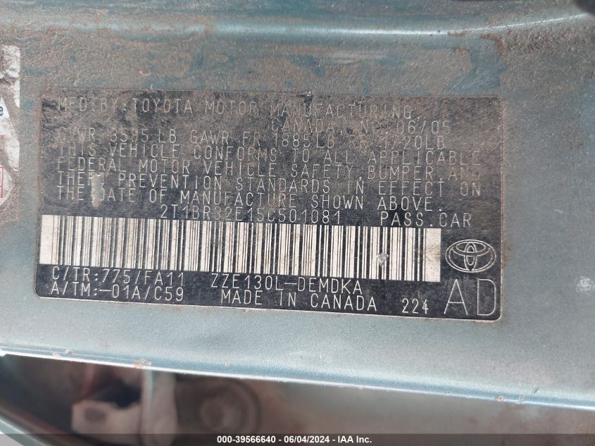 2005 Toyota Corolla Ce VIN: 2T1BR32E15C501081 Lot: 39566640