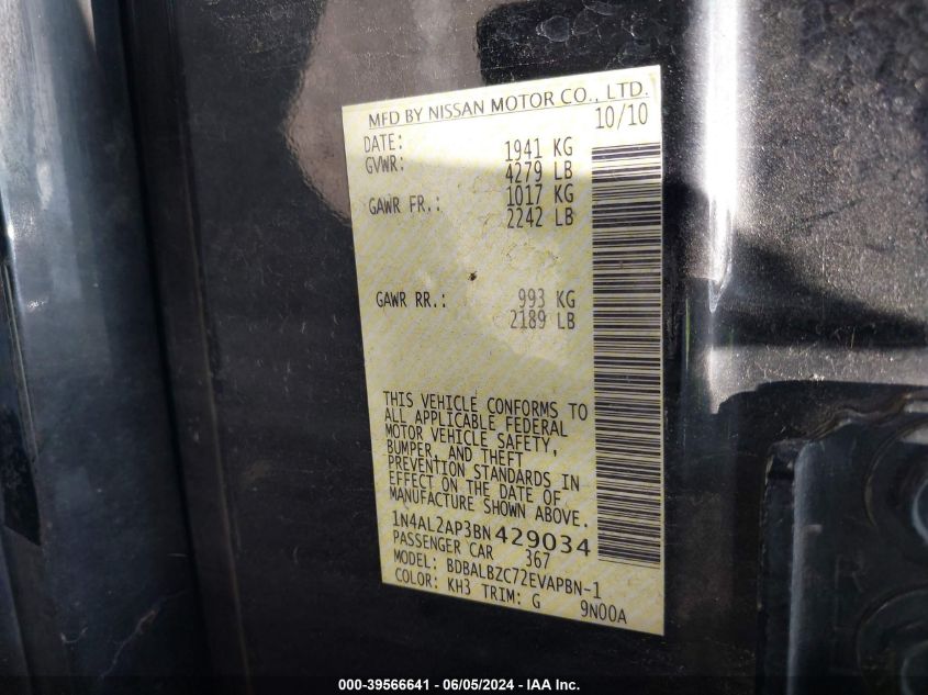 2011 Nissan Altima 2.5 S VIN: 1N4AL2AP3BN429034 Lot: 39566641