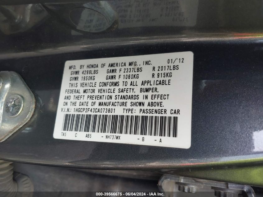 1HGCP2F43CA073801 | 2012 HONDA ACCORD