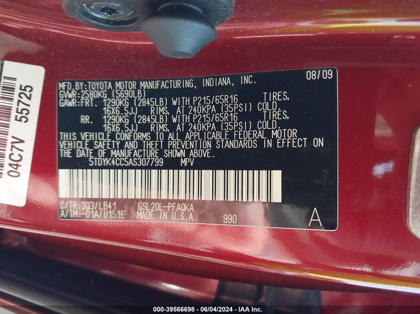 2010 Toyota Sienna Xle VIN: 5TDYK4CC5AS307799 Lot: 39566698