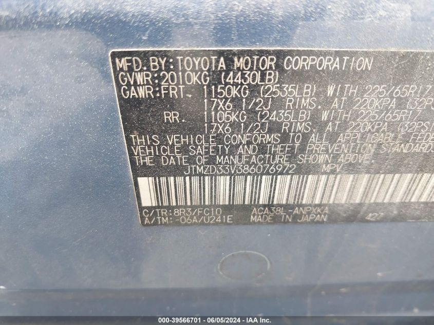 2008 Toyota Rav4 VIN: JTMZD33V386076972 Lot: 39566701