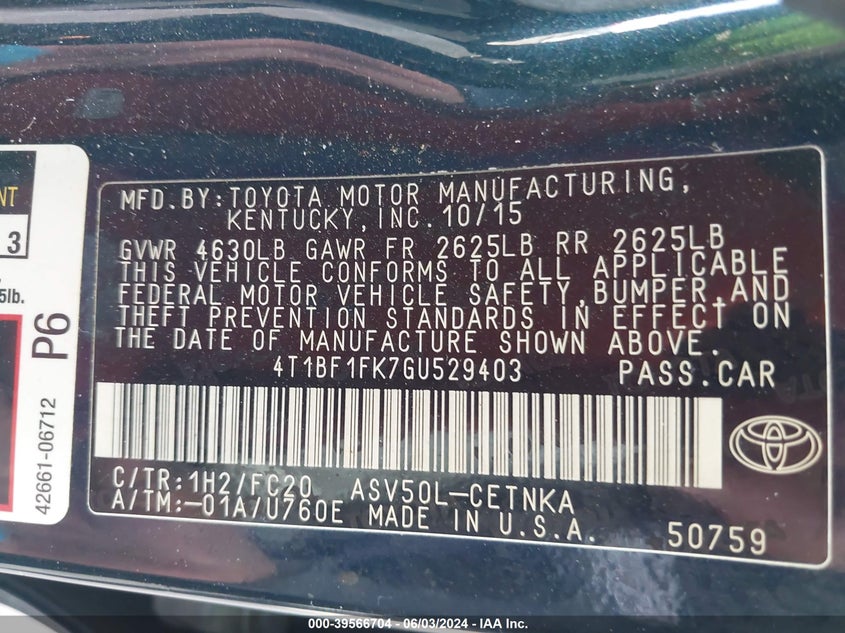 2016 Toyota Camry Le VIN: 4T1BF1FK7GU529403 Lot: 39566704