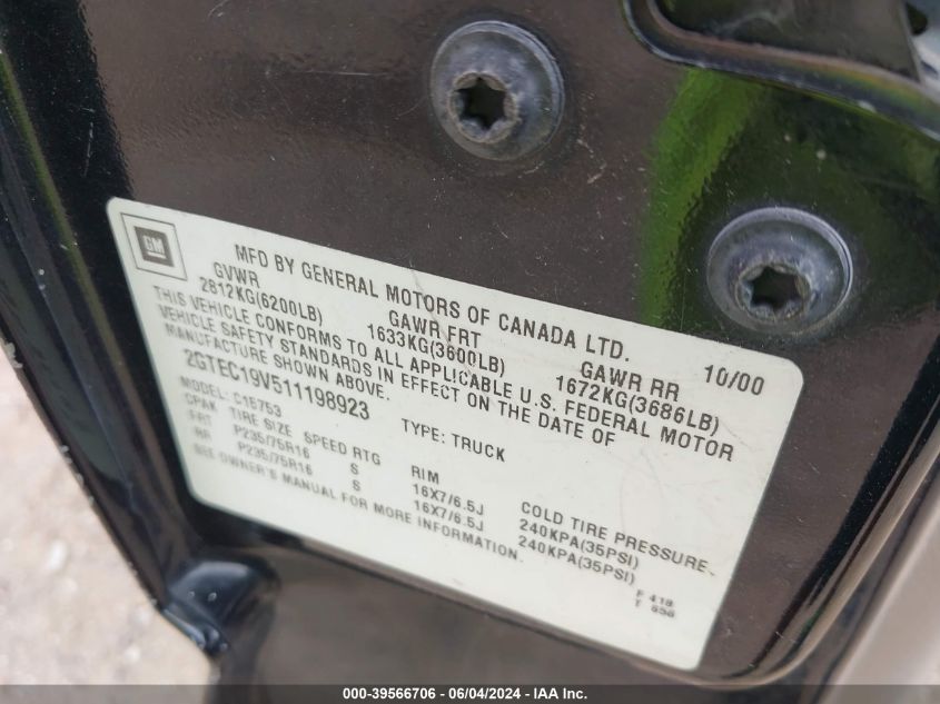 2001 GMC Sierra 1500 Sle VIN: 2GTEC19V511198923 Lot: 39566706