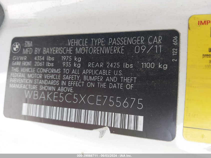2012 BMW 328I VIN: WBAKE5C5XCE755675 Lot: 39566711
