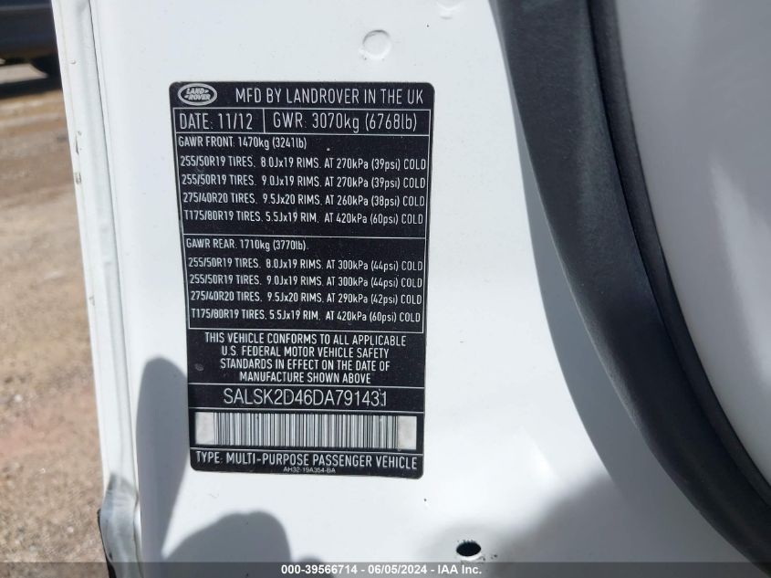 2013 Land Rover Range Rover Sport Hse VIN: SALSK2D46DA791431 Lot: 39566714