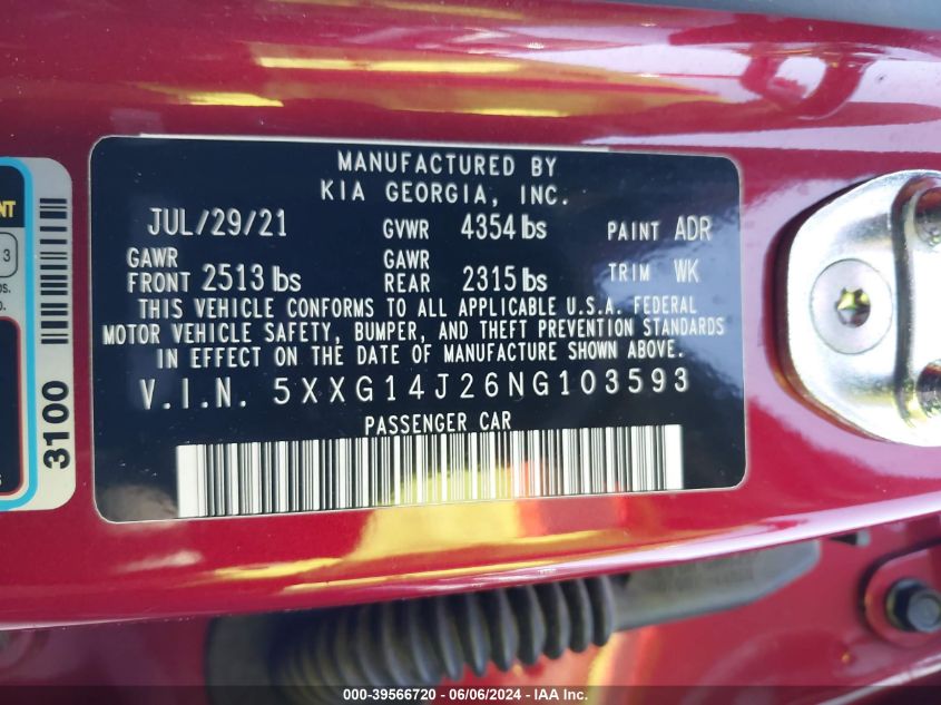 2022 Kia K5 Lxs VIN: 5XXG14J26NG103593 Lot: 39566720