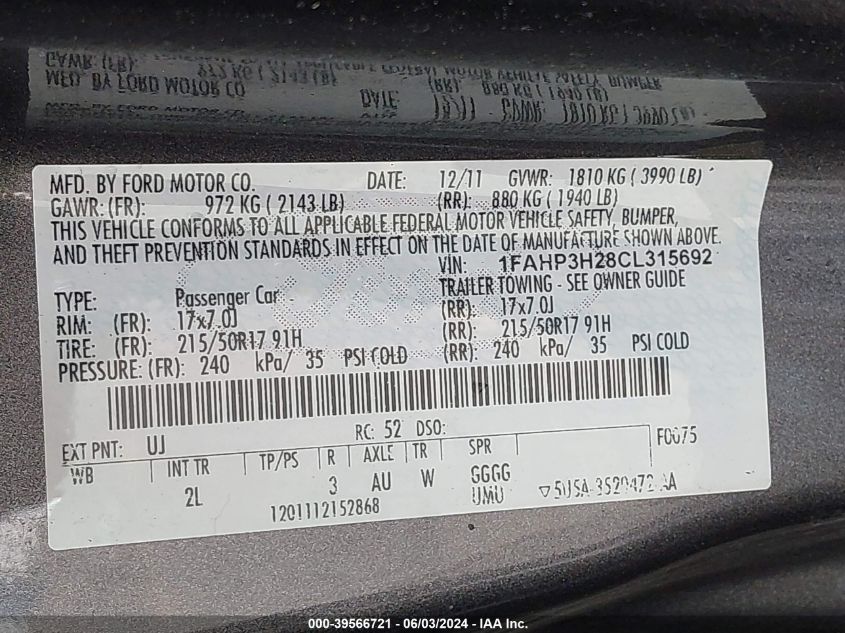 2012 Ford Focus Sel VIN: 1FAHP3H28CL315692 Lot: 39566721