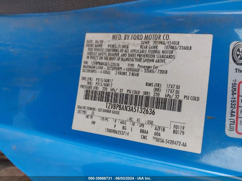 2010 Ford Mustang V6/V6 Premium VIN: 1ZVBP8AN3A5132636 Lot: 39566731