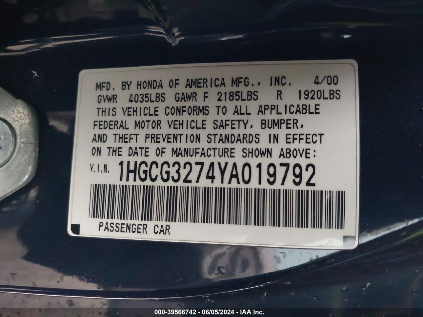 2000 Honda Accord 2.3 Ex VIN: 1HGCG3274YA019792 Lot: 39566742