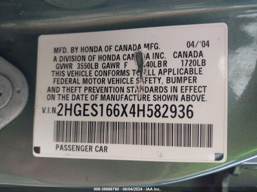 2004 Honda Civic Lx VIN: 2HGES166X4H582936 Lot: 39566760