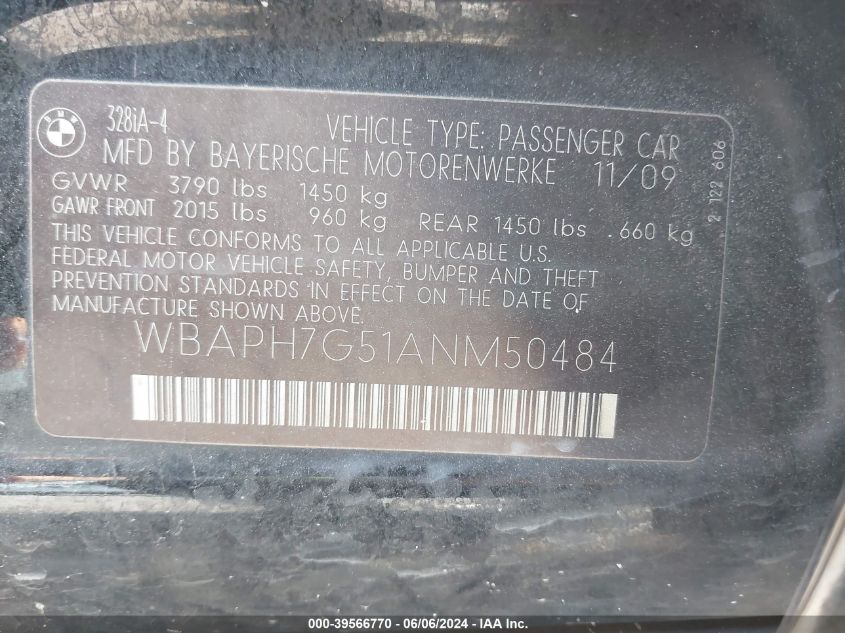 2010 BMW 328I VIN: WBAPH7G51ANM50484 Lot: 39566770