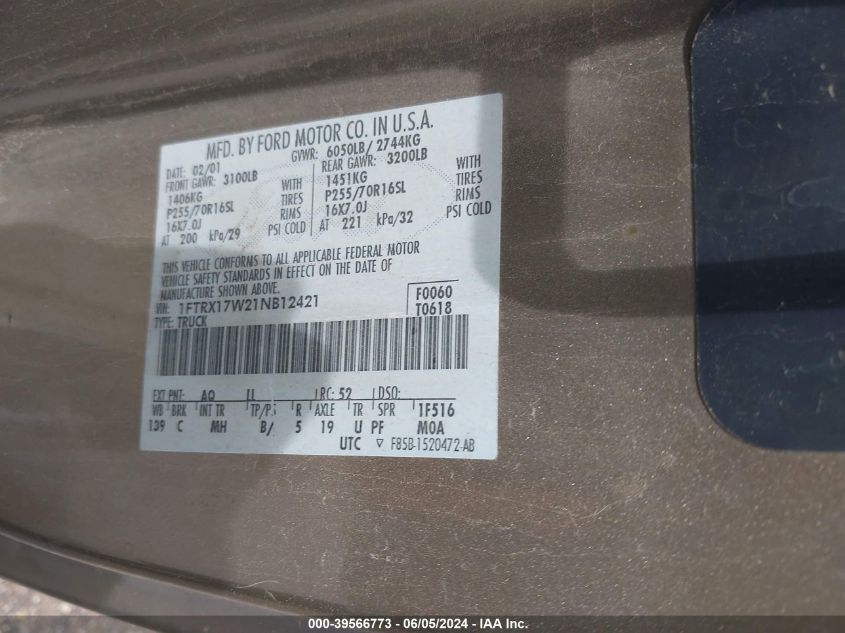 2001 Ford F-150 Lariat/Xl/Xlt VIN: 1FTRX17W21NB12421 Lot: 39566773