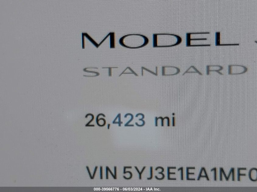 2021 Tesla Model 3 Standard Range Plus Rear-Wheel Drive VIN: 5YJ3E1EA1MF068241 Lot: 39566776