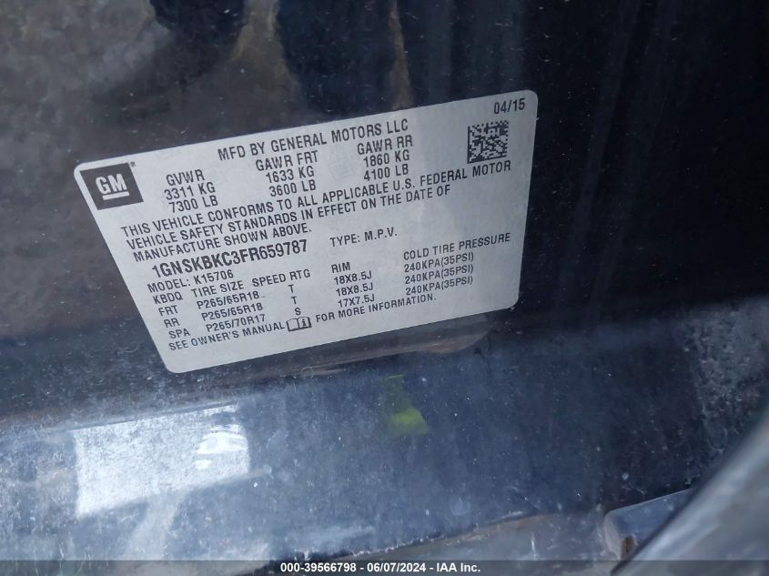 2015 Chevrolet Tahoe Lt VIN: 1GNSKBKC3FR659787 Lot: 39566798