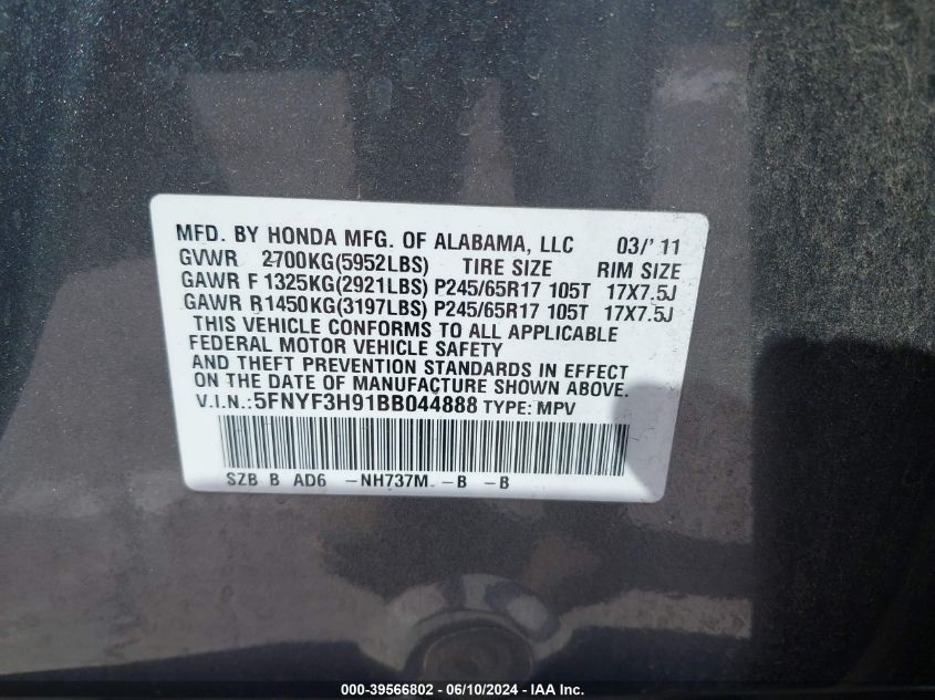 2011 Honda Pilot Touring VIN: 5FNYF3H91BB044888 Lot: 39566802