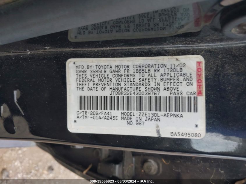 2003 Toyota Corolla Le VIN: JTDBR32E430039767 Lot: 39566823